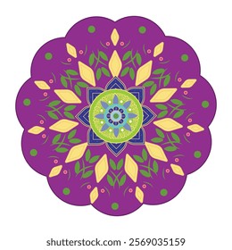 Mandala design in purple, green, blue, and orange with intricate floral elements in the middle