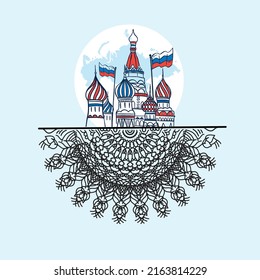 Mandala design with Red Square, Moscow, the flag of Russia. White Background . Russia Day June 12