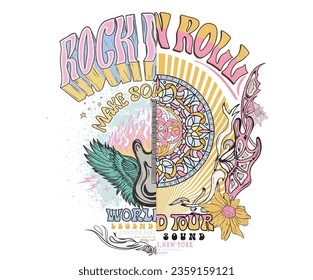 Mandala design. Rock and roll t-shirt design. Eagle wing with guitar music poster. Eagle fly artwork. Rose flower artwork. Rock band world tour logo. Stained glass  print design, Colorful motif.