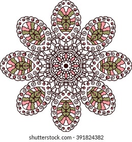 Mandala design. Round paisley pattern, eastern cucumber. Concept image for card, yoga studio, meditation, cushion Indian, Arabic, African or Thai cuisine restaurants ads, tattoo salon.
