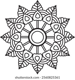 mandala design with swirling vines and leaves on a white background.