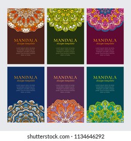 Mandala design template vector collection. Set of colorful decorative oriental frames for identity, web and prints. Round traditional elements on colored backgrounds