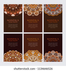 Mandala design template vector collection. Set of brown decorative arabic frames for identity, web and prints. Round traditional elements on coffee colored backgrounds