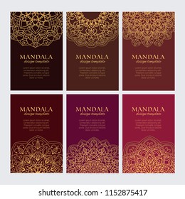 Mandala design template vector collection. Set of luxury golden arabic ornaments on brown and red backgrounds for identity, web and decor