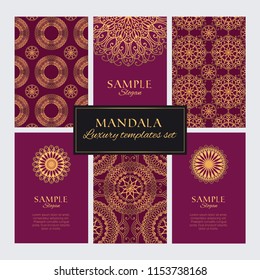 Mandala design template vector collection. Set of luxury golden oriental ornaments, patterns and elements on brown and red backgrounds