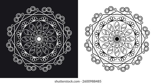 Mandala design vector illustration on black and white background.