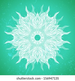 Mandala design in white on aqua green background. Concept image for card, yoga studio, meditation, spirituality, Indian, Arabic or Thai cuisine restaurants ads, spa salon, lounge music poster