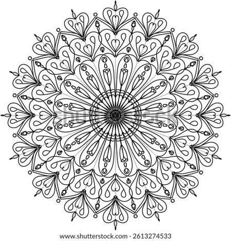 Mandala designs are symmetrical circles radiating from a central point, creating a sense of balance. Layers of interconnected floral patterns and heart shapes create a complex and beautiful image.