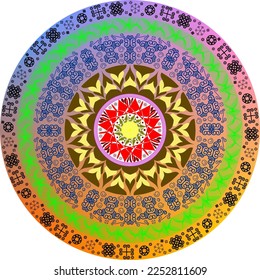 Mandala with details yellow, orange, wine, blue, green, red, purple and beige on metalic background.