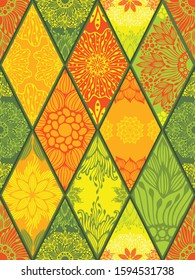 Mandala in diamond square seamless pattern vector with yellow orange and green tone  