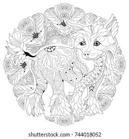 Mandala with dog for coloring. Vector decorative zentangle object