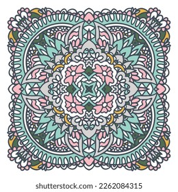 Mandala Doodle Art dekoriert Hintergrund. Abstrakte geometrische und blühende, ethnisch nahtlose Muster in gedämpften Farben im Boho Stil