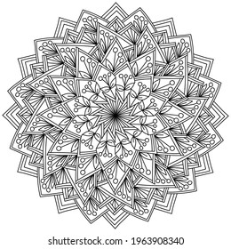 Mandala with doodle berries in triangular fantasy petals, meditative coloring page vector illustration