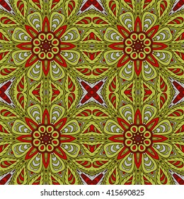 Mandala doodle drawing. Colorful floral seamless ornament. Ethnic solar Arabic motifs. Zentangle. Red and green color