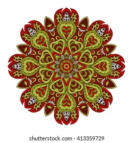 Mandala doodle drawing. Colorful round ornament. Ethnic motives. Zentangl Hearts. Red and green tones