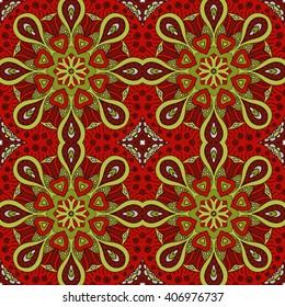 Mandala doodle drawing. Colorful seamless ornament. Ethnic motives. Red and green. Solar Power
