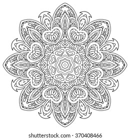 Mandala doodle drawing. floral round ornament. Ethnic motives. Zentangl Hearts. Relaxing coloring