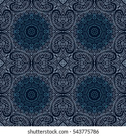 Mandala doodle drawing. seamless ornament. Ethnic motives. Blue