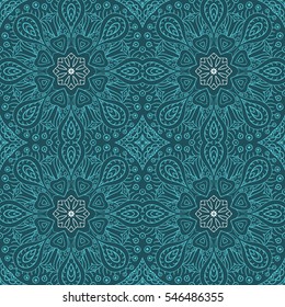 Mandala doodle drawing. seamless ornament. Ethnic motives. Hearts Blue