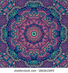 Mandala doodle fantasy flower decorated background. Abstract geometric tiled boho ethnic seamless pattern ornamental.