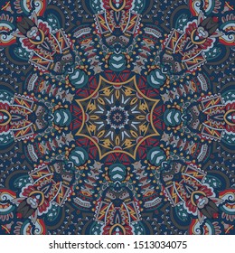 Mandala doodle lines decorated background. Abstract geometric tiled boho ethnic seamless pattern ornamental. Hand drawn graphic print. Scarf shawl neckerchief ornamental design