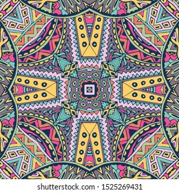 Mandala doodle lines decorated background. Abstract geometric tribal vector tiled boho ethnic seamless pattern ornamental.