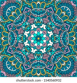 Mandala doodle lines decorated background. Abstract floral  vector tiled boho ethnic seamless pattern ornamental textile design