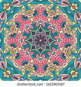 Mandala doodle lines decorated background. Abstract geometric vector tiled boho ethnic seamless pattern ornamental.