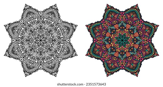 Mandala doodle lines decorated background. Abstract boho ethnic ornamental coloring page. Mandala for coloring art black and white and colored version.