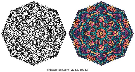 Mandala doodle lines decorated background. Abstract boho ethnic ornamental coloring page. Mandala art black and white and colored version.