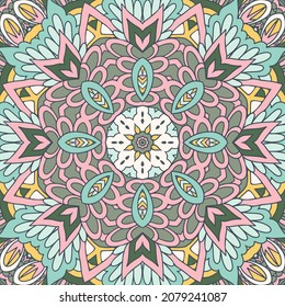 Mandala doodle lines decorated pastel colors background. Abstract boho ethnic seamless pattern ornamental.