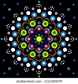 Mandala dot on black background. Floral dotted colorful design in green, purple, violet, orange, blue, white colors. Point to point ornament. Folk dot art. Ethnic style. Vector