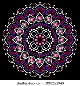 Mandala dot painting vector design, Aboriginal style, Australian folk art boho ornament in pink and purple. Mandalas dot pattern nspired by traditional art from Australia on black background