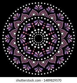 Mandala dot painting vector design, Aboriginal dot art style, Australian folk art boho style in pink and purple.
 
Dot pattern mandala inspired by traditional art from Australia on black background