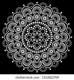 Mandala dot painting vector design, Aboriginal style, Australian folk art boho ornament in white on black. Mandalas dot  monochrome pattern inspired by traditional art from Australia on black