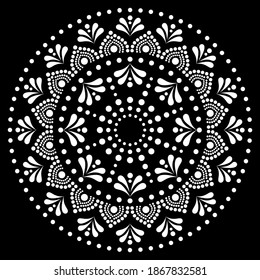 Mandala dot painting vector design, Aboriginal dot art style, Australian folk art boho style in white on black. Dot pattern mandala inspired by traditional art from Australia 