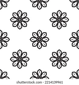 Mandala drawing Black and white Seamless Pattern. can be used for wallpaper, pattern fills, coloring books and pages for kids and adults. Black and white.