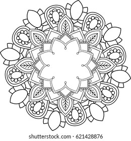 Mandala, drawing with coloring lines, on white background. Flower shapes and geometries like patterns and wallpaper