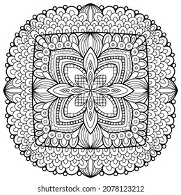 Mandala drawing vector element. Coloring page, coloring book for kids and adults. Background with space for text. Outline floral round ornament. Line Illustration for printing on paper or fabric.
