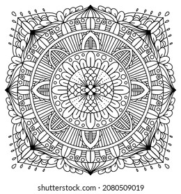 Mandala drawing vector element. Coloring page, coloring book for kids and adults. Background with space for text. Outline floral round ornament. Line Illustration for printing on paper or fabric.
