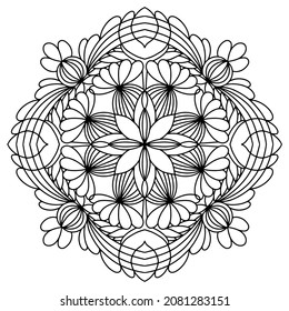Mandala drawing vector element. Coloring page, coloring book for kids and adults. Background with space for text. Outline floral round ornament. Line Illustration for printing on paper or fabric.
