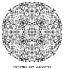 Mandala drawing vector element. Coloring page, coloring book for kids and adults. Background with space for text. Outline floral round ornament. Line Illustration for printing on paper or fabric.
