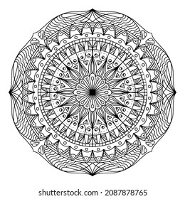 Mandala drawing vector element. Coloring page, coloring book for kids and adults. Background with space for text. Outline floral round ornament. Line Illustration for printing on paper or fabric.
