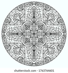 mandala dibujada sobre un fondo blanco con ornamentos florales y hojas para coloración, vector