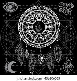 Mandala dreamcatcher with four primordial elements in geometric frame. Fire, water, air, earth. Boho chic style.