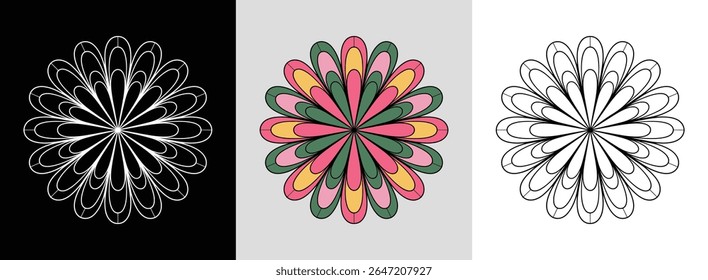 Mandala with dynamic cosmos petals and bright color segments for vibrant floral decor.