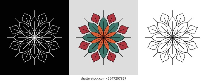 Mandala with dynamic gardenia petals and bright geometric accents for floral decor.