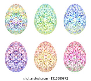 Mandala easter egg set, with varied gradient. Traditional patterned festive decoration collection. 