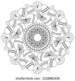 Mandala with Easter eggs and butterflies on a white background. Anti-stress coloring book for children and adults. Decorative Easter Wreath for Design