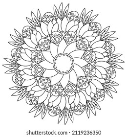 Mandala with Easter eggs in flowers, coloring page for holiday activity vector illustration